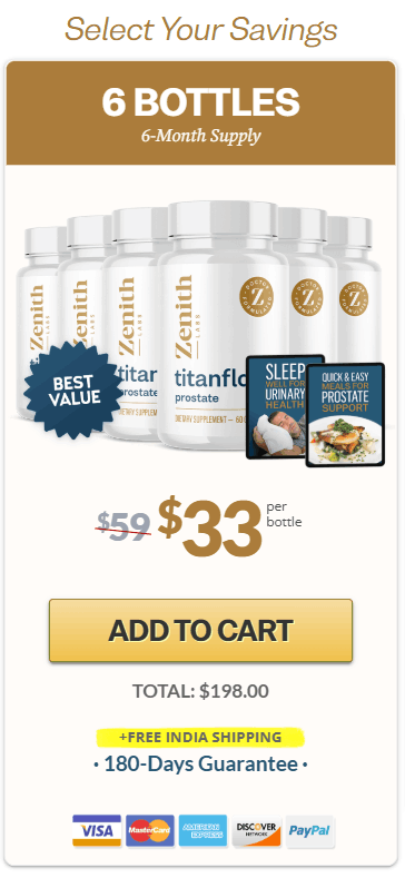 TitanFlow best value package with 6 bottles for a 180-day supply with free shipping and bonuses